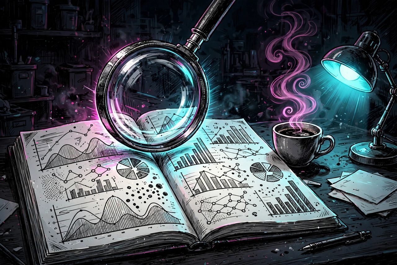 A magnifying glass over an open journal of charts, next to a coffee cup